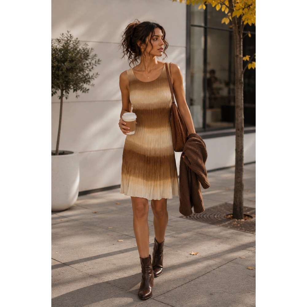 Ombre Plisse Pleated Midi Dress Accordion Pleats feminine Quiet Luxury Autumn